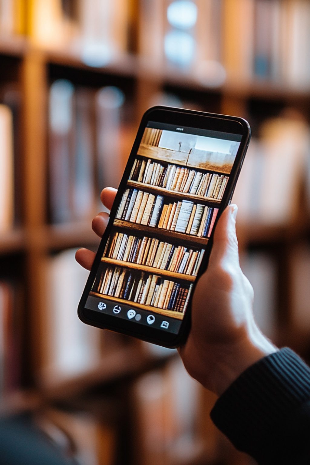 Mão segura um smartphone que exibe uma estante de livros digital, com uma biblioteca real desfocada em segundo plano.