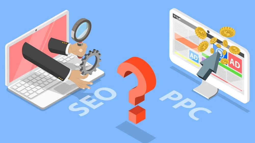 Infografia comparativa entre Pesquisa Orgânica (SEO) e Anúncios Pagos (PPC) num ecrã de computador