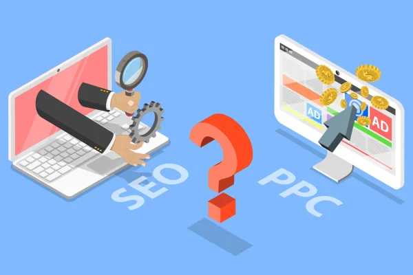 Infografia comparativa entre Pesquisa Orgânica (SEO) e Anúncios Pagos (PPC) num ecrã de computador