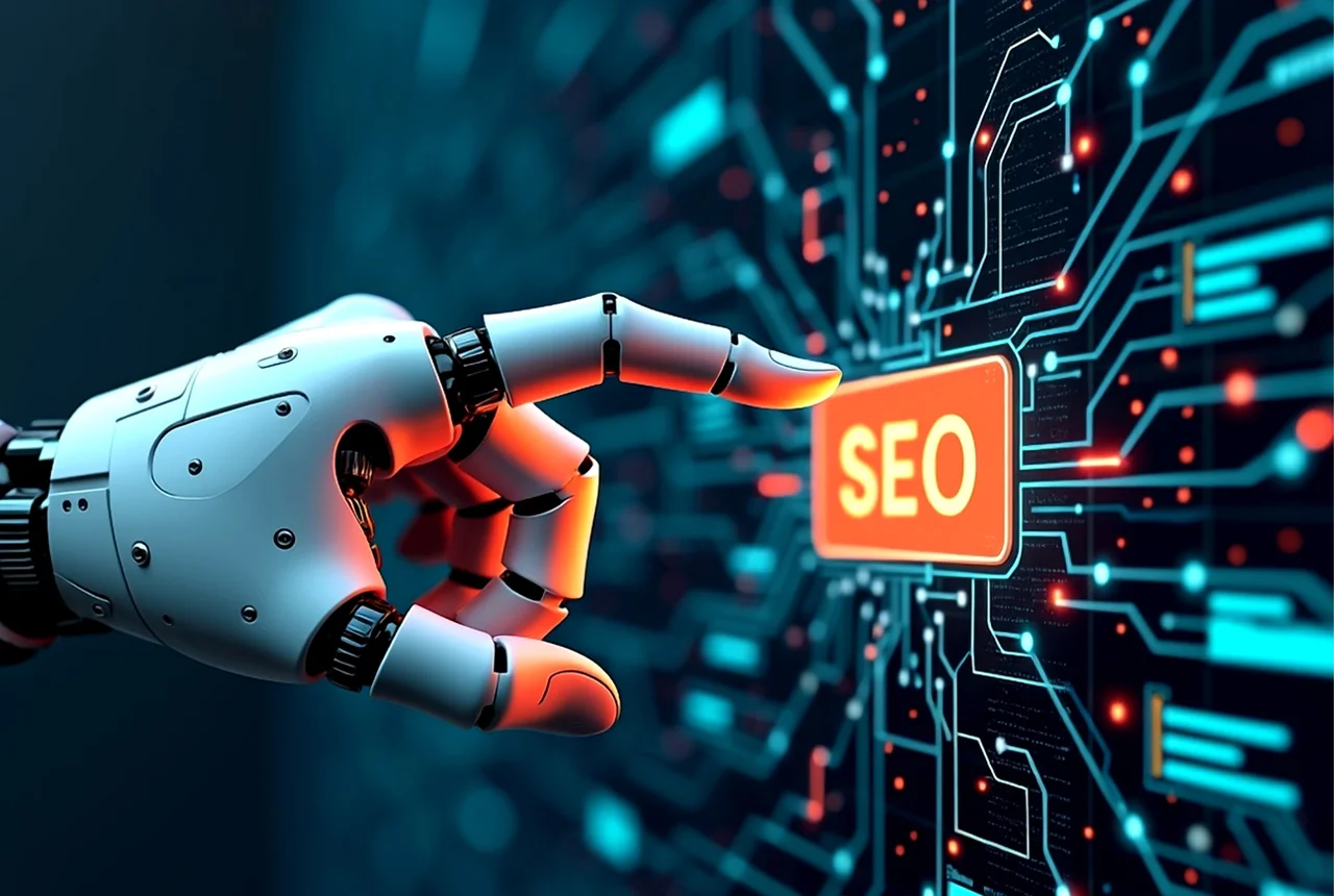 Mão robótica de inteligência artificial a interagir com um ícone de SEO num circuito digital, representando o impacto da IA no SEO moderno.