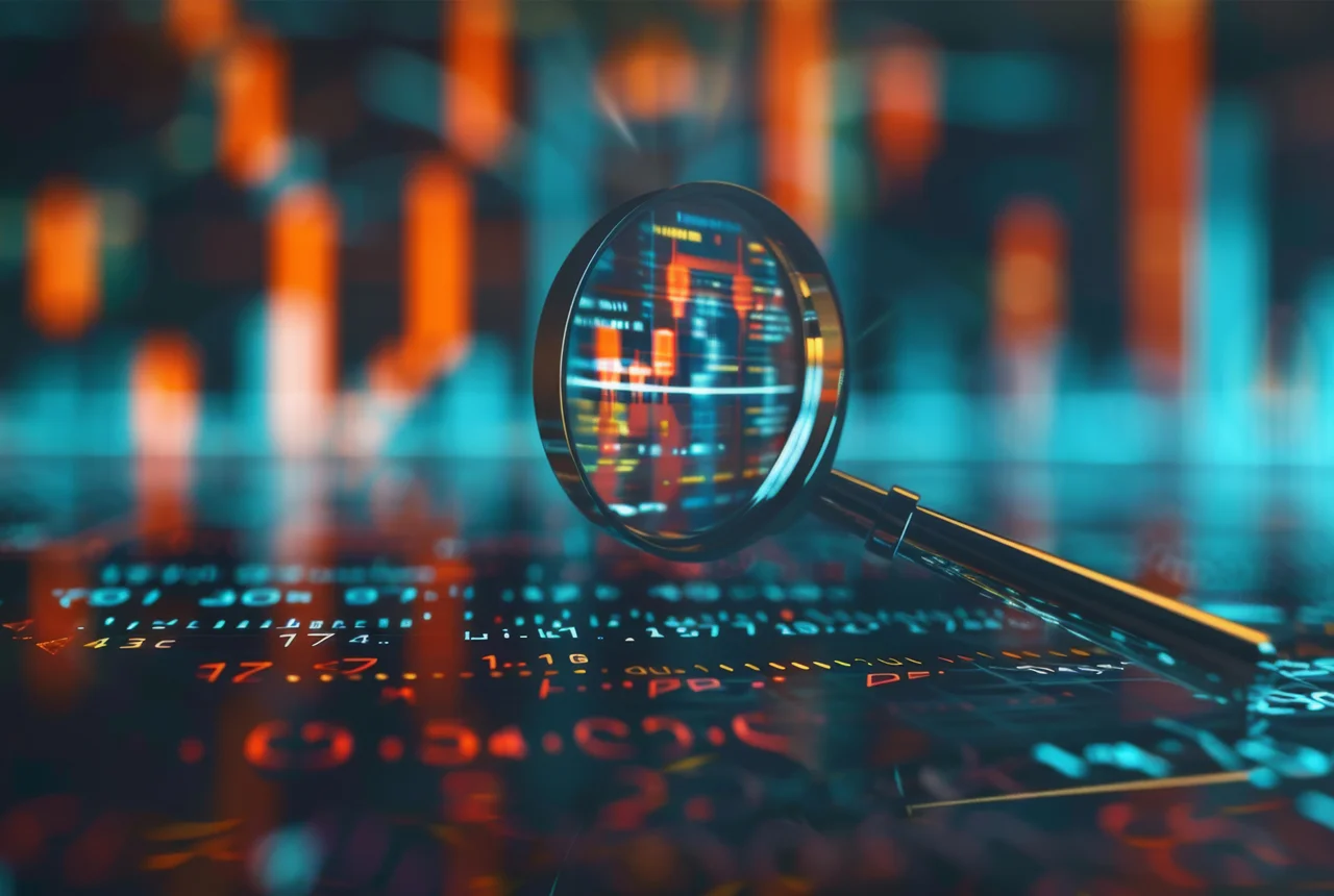 Lupa futurista a analisar gráficos e fluxo de dados digitais, simbolizando a auditoria e a desmistificação de mitos sobre SEO para empresas.