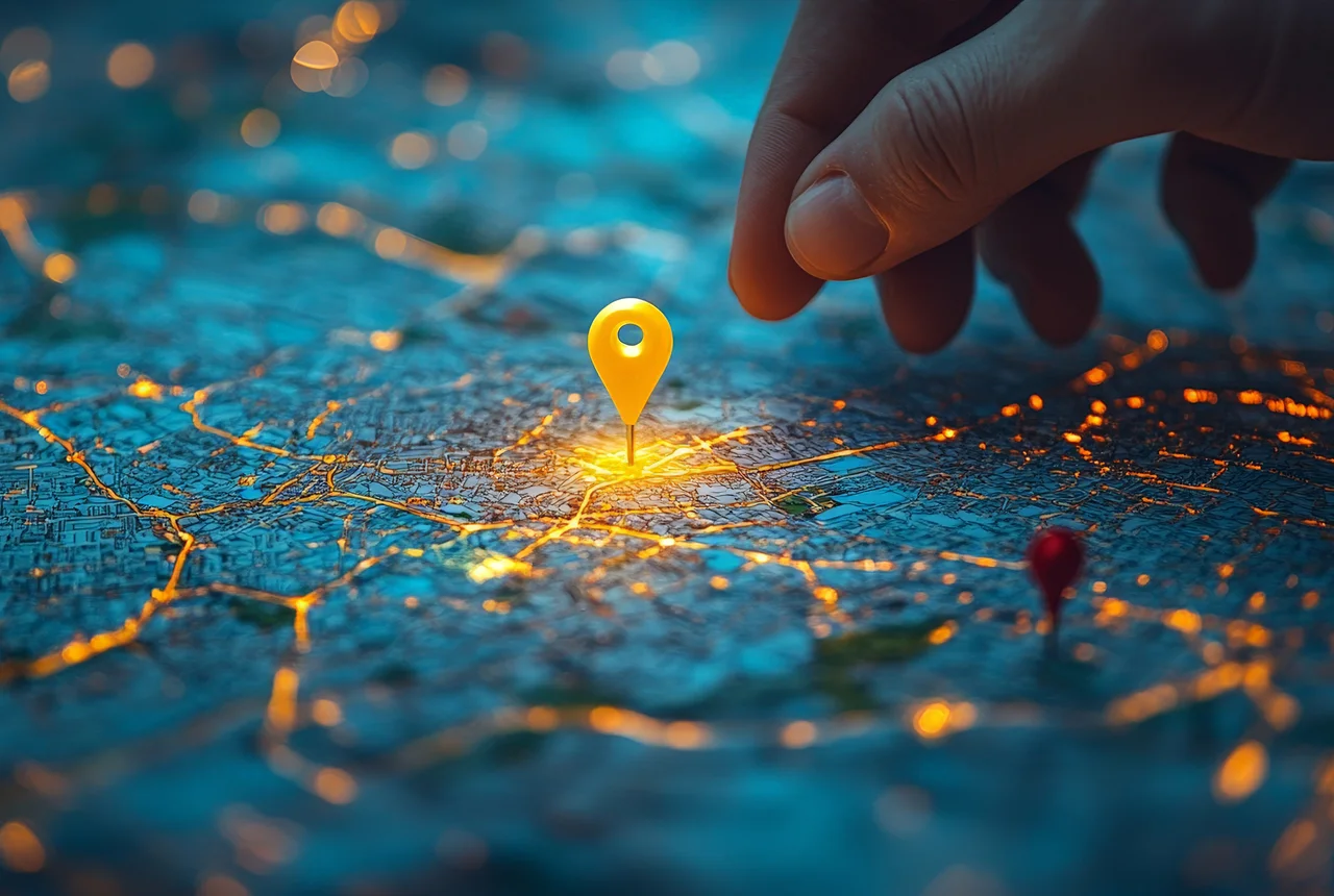 Ilustração de um mapa digital com pin de localização destacado, representando a importância do SEO Local para pequenas e médias empresas serem encontradas na sua região.